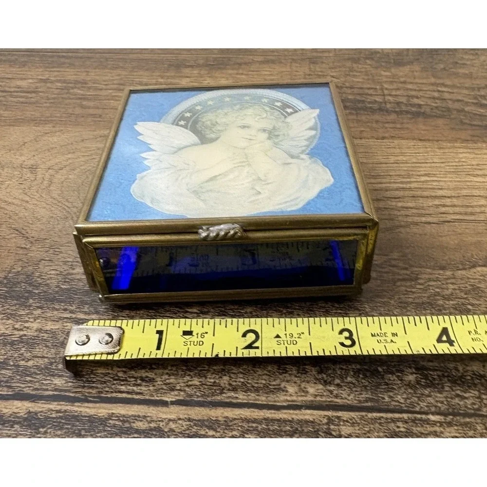 Vintage Iridescent Angel Trinket Jewelry Box Thomas Cathey Metal Glass Blue